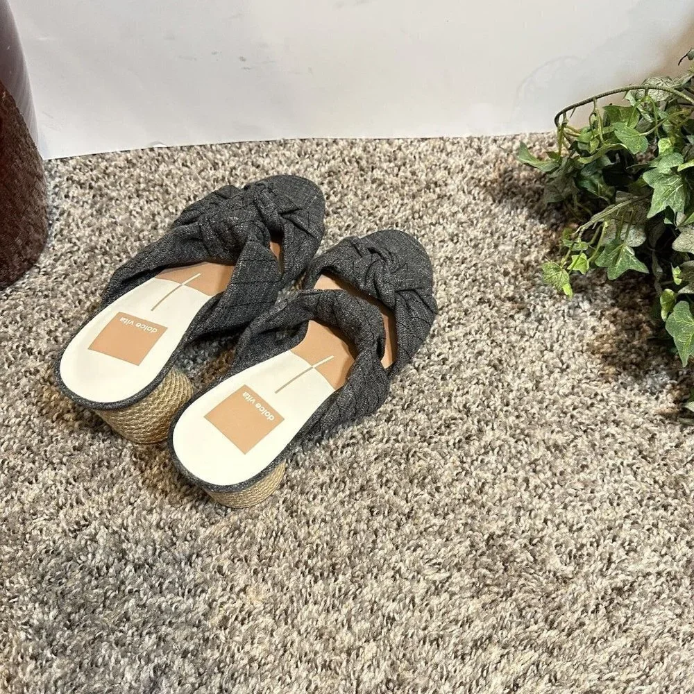Dolce Vita Jene Double Strap Heeled Sandal Knotted Fabric Gray Slip On 7.5 New